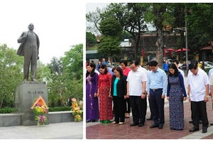 由黨中央政治局委員、河內市委書記黃忠海率領的河內市委、人民議會、人委會、河內市越南祖國陣線委員會代表團近日已前往巴亭郡芝陵花園向共產領袖列寧塑像敬獻鮮花。（圖源：英英）