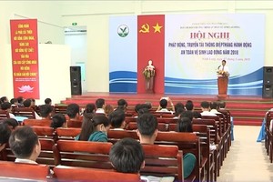 圖為永隆省所舉辦的2018年勞動衛生安全行動月會議現場一隅。（圖源：永隆電視台視頻截圖）