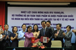 衛生部長阮氏金進（前左）與韓國食品藥品安全部部長Ryu Young-jin簽署合作備忘錄。（圖源：阮顯）