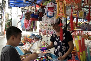 在第五郡傳統花燈街的華人商販向小朋友介紹新款花燈。