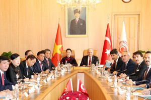 國會主席阮氏金銀與土耳其國會議長納利‧耶爾德勒姆舉行會談。（圖源：仲德）