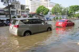 國家水文氣象預報中心：未來數天南部潮汛洪水上漲。圖為10月份上旬芹苴市大部份街道被淹沒在潮水中。（圖源：芹苴報）