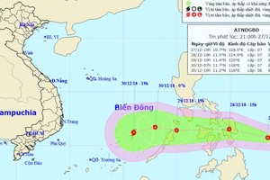熱帶低壓形成颱風可能登陸中或南部。圖為熱帶低壓的移動方向。（圖源：國家水文氣象預報中心）