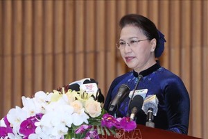 國會主席阮氏金銀在會議上發表演講。（圖源：越通社）