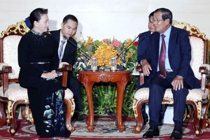 國會主席阮氏金銀（左）會見柬埔寨首相洪森。（圖源：越通社）