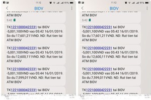 本月16日清晨5時38分至45分，她的手機連續收到9條銀行扣款的通知短信，內容是在越南投資與開發商業股份銀行(BIDV)提款。（圖源：屏幕截圖）