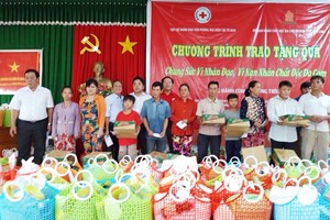 土龍木天后宮代表給落葉劑受害者派發禮物。