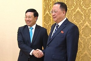 外交部長范平明（左）與朝鮮外相李容浩會面時握手。（圖源：外交部）