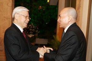 總書記、國家主席阮富仲與柬國王西哈莫尼會晤。（圖源：越通社）