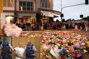 民眾在基督城街頭獻花及默哀。澳洲籍疑犯出庭（左下小圖）。（圖源：互聯網）