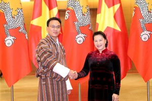 國會主席阮氏金銀(右)與不丹王國參議院議長扎西‧多爾吉舉行會談。（圖源：越通社）