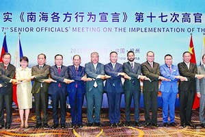 圖為阮國勇副部長(最右)和各國官員在落實DOC第十七次高官會議上。（圖源：互聯網）