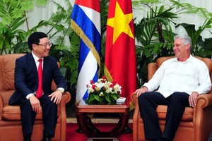 范平明副總理（左）與古巴國務委員會主席兼部長會議主席米格爾‧迪亞斯-卡內爾‧貝穆德斯舉行會晤。（圖源：越通社）