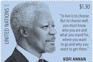聯合國郵政管理局於5月31日發行紀念已故秘書長科菲·安南的郵票。（圖源：聯合國郵政管理局）