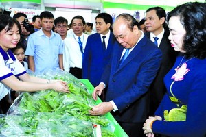 阮春福總理瞭解農業成果展品。（圖源：越通社）