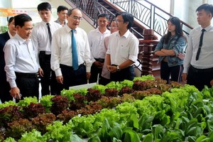 市委書記阮善仁參觀合作社的生產模式。（圖源：玉顯）