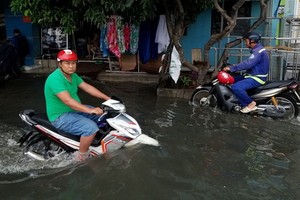 西貢-同奈河流系統潮峰水位再次刷新。圖為第八郡第十五坊米穀街因潮汛高漲而嚴重受淹。（圖源：周俊）