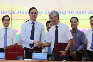 市人委會副主席武文歡（前右）與西寧省人委會楊文勝（前左）簽署本市-沐牌高速公路投建項目配合開展計劃。（圖源：市黨部新聞網）