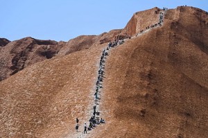 攀登“烏魯魯”巨岩的遊客排成了長隊。（圖源：互聯網）