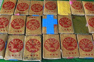 裝在藍色塑料桶裡的 21塊疑似海洛因磚。（圖源：武盛）