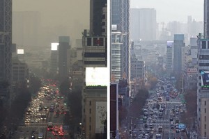 右圖為12月12日霧霾消散後的首爾街道，左圖為此前被霧霾籠罩的城區。（圖源：韓聯社）