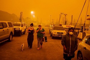 澳洲紐省南岸城鎮Eden因林火變得一片通紅。 （圖源：衛報）