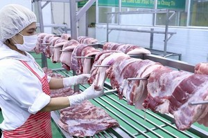 豬肉加工後獲放在架上確保衛生安全。（圖源：越通社）
