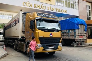 一輛輛農產品大貨車經諒山新清口岸通關後運往中國。（圖源：互聯網）