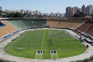 當地時間3月23日，巴西聖保羅，工人們在Pacaembu體育場建造一家臨時野戰醫院。（圖源：互聯網）