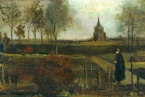 荷蘭畫家文森特‧梵高(Van Gogh)1884年畫作《紐恩南春天裏的牧師花園》。（圖源：互聯網）