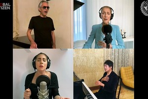 安德烈‧波切利（左上）、席琳‧迪翁（右上）、Lady Gaga（左下）、郎朗（右下）聯袂演出的線上畫面。（圖源：聯合國視頻截圖）