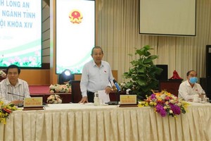 黨中央政治局委員、政府常務副總理張和平（中）出席隆安省選民接觸會並發表講話。（圖源：清平）