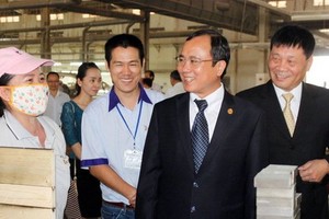 平陽省省委書記陳文南（右，二）春節探望美福工業區工人。