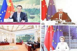 6月22日，李克強同歐洲理事會主席米歇爾、歐盟委員會主席馮德萊恩共同主持第二十二次中國－歐盟領導人會晤。（圖源：新華社）