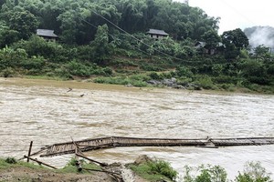清化省關山縣中進鄉林村臨時橋被洪水沖毀。（圖源：平安）