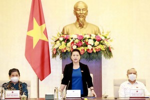 國會主席阮氏金銀（中）在會上發言。（圖源：越通社）