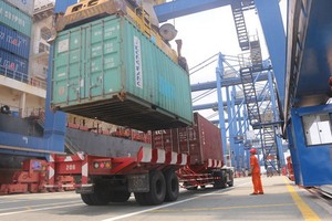 桔萊港口在裝卸集裝箱。（圖源：英秀）