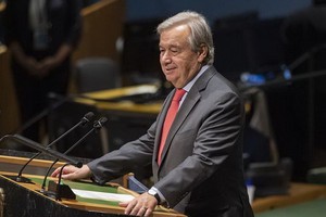 10月2日，聯合國秘書長古特雷斯在紐約聯合國總部舉行的紀念“徹底消除核武器國際日”高級別會議上發言。（圖源：新華社）