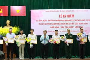 市民-政-黨機關黨委書記武玉國順（中）向2020年模範民運能手的集體和個人頒贈獎狀。（圖源：長煌）