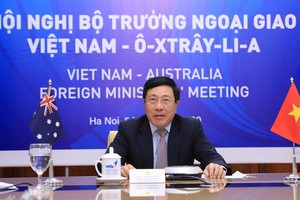 外交部長范平明與澳大利亞外交部長佩恩以視像模式共同主持第二次越澳外交部長年度會議。（圖源：林慶）