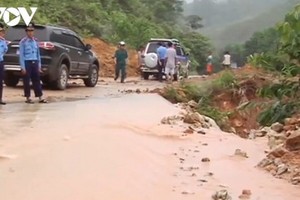 交通督察員視察24C國道的坍塌情況。（圖源：VOV視頻截圖）