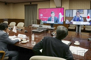 七國集團視頻會議現場。（圖源：共同社）