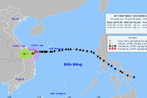 5號颱風今早12日已轉弱成熱帶低氣壓。圖為熱帶氣壓的移動方向。（圖源：中央水文氣象預報中心）