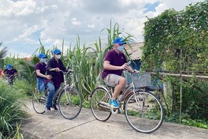 遊客騎自行遊覽芹耶縣的旅遊景點。