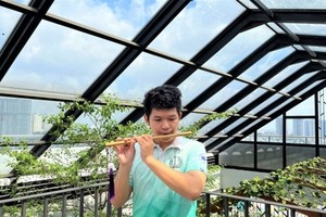 胡志明市經濟大學民歌俱樂部樂器隊隊長范文明吹竹笛。