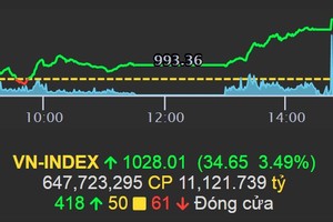 越南股指收盤上漲34.65點(3.49%)，達1028點。（圖：VPS）