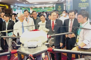 與會代表參觀本市在2022年湄公河連接論壇上所陳列的攤位。（圖：南香）