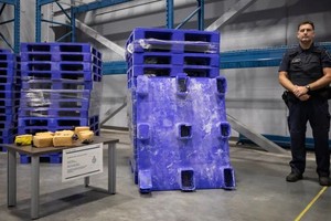 警方向媒體展示搬運貨盤內藏的鴉片。（圖：CBC）