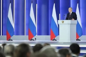 当地时间21日，俄罗斯总统普京在莫斯科发表国情咨文。（图：Sputnik）