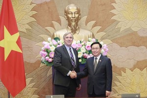 国会主席王廷惠（右）接见美国参议员杰夫默克利。（图：越通社）